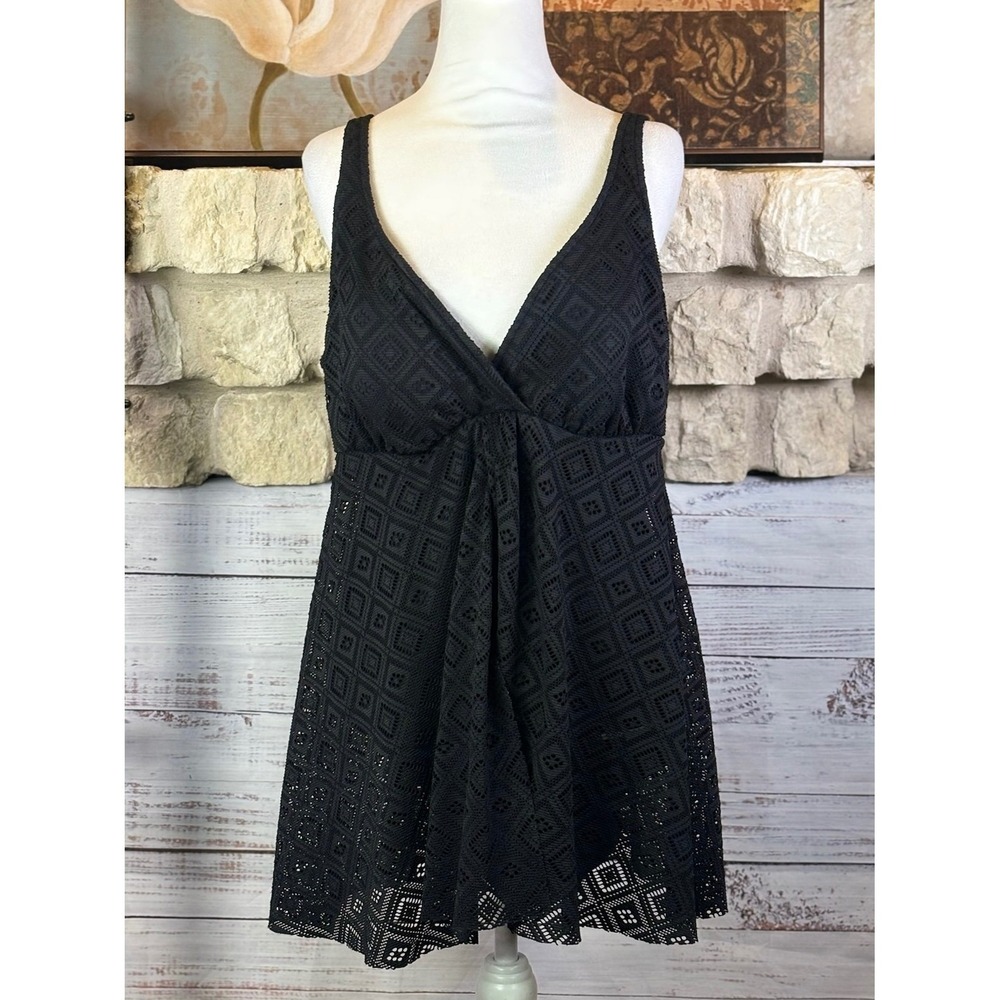 Black Geometric Lace Swimdress Swimsuit Women's 18W Crossover V-Neck